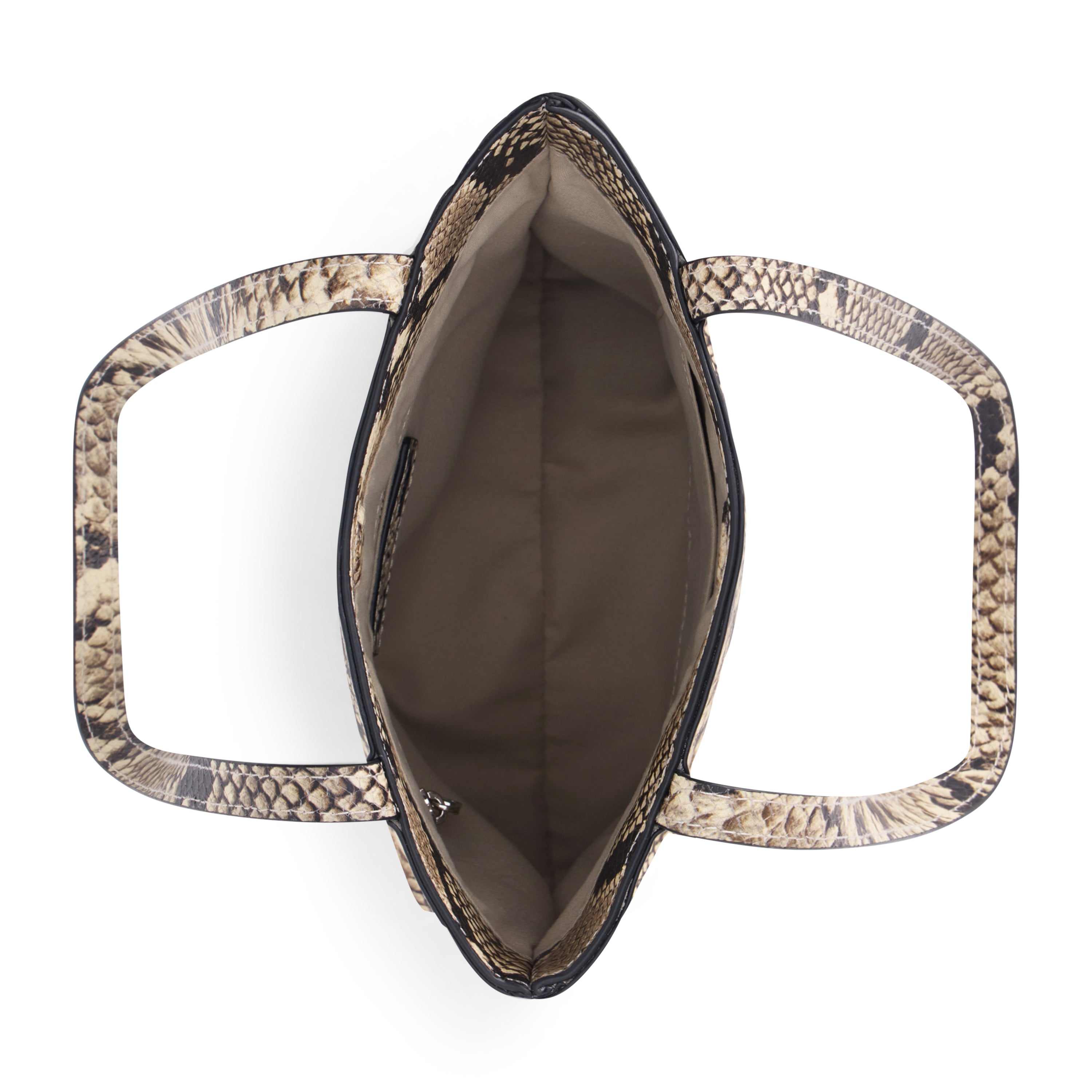 Top-down view of a snakeskin-patterned tote bag with integrated handles, showing a beige interior lining on a white background.