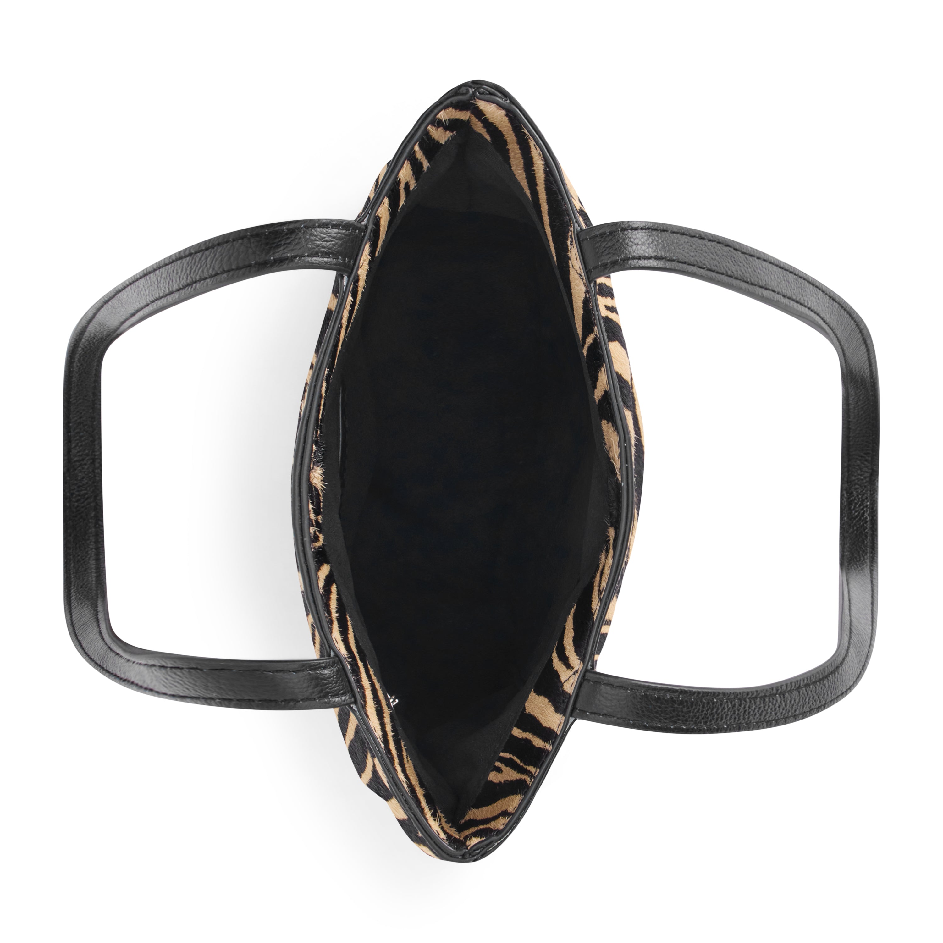 Top-down view of a black leather handbag with a black and tan zebra print lining, set against a plain white background.