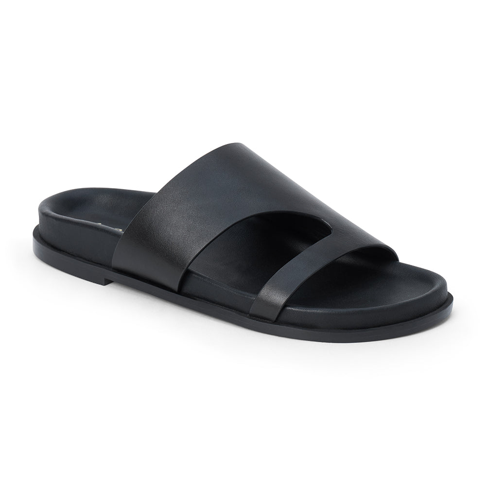 Black leather slide sandal with wide strap and open toe shown on a white background.