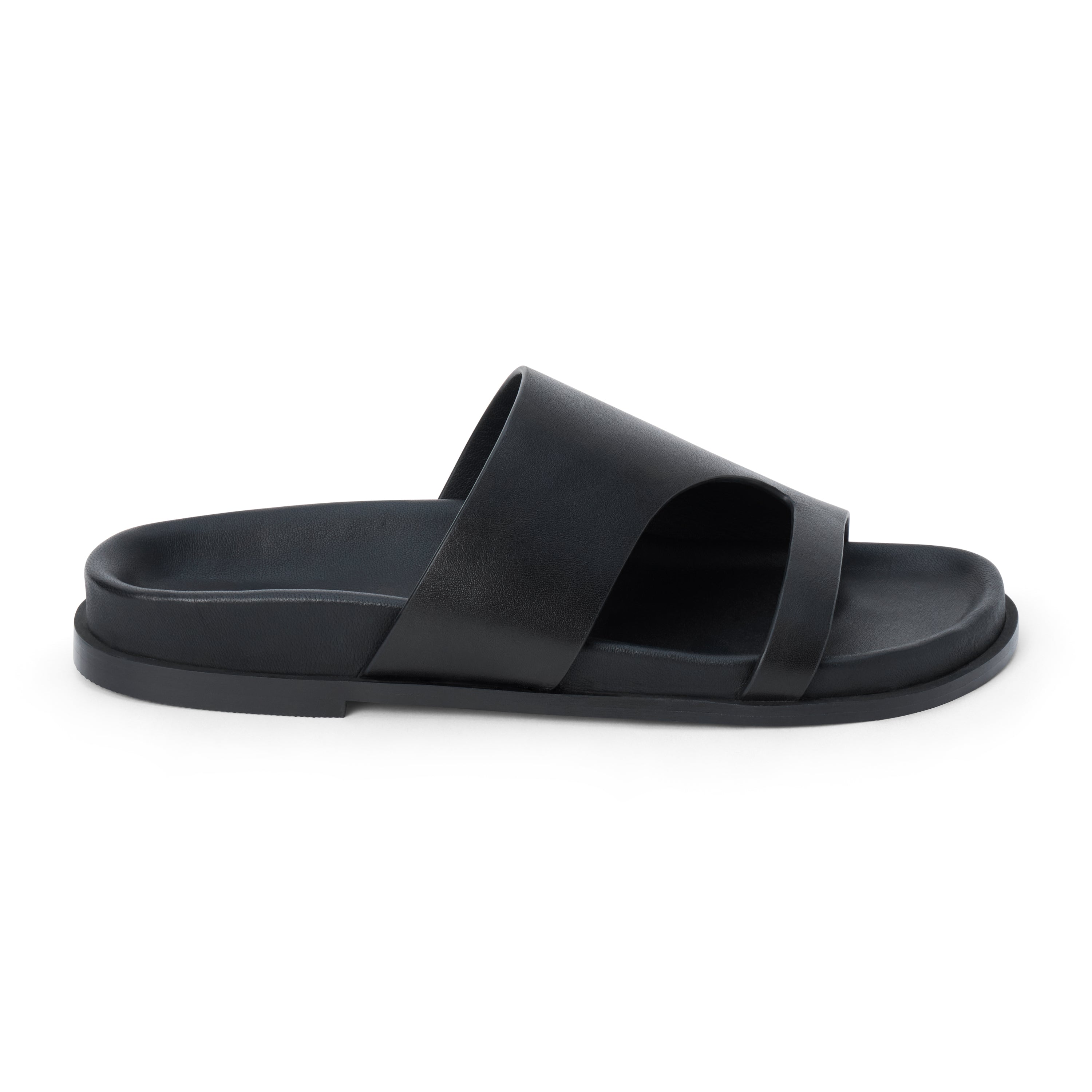 Black leather slide sandal with wide strap and open toe shown on a white background.