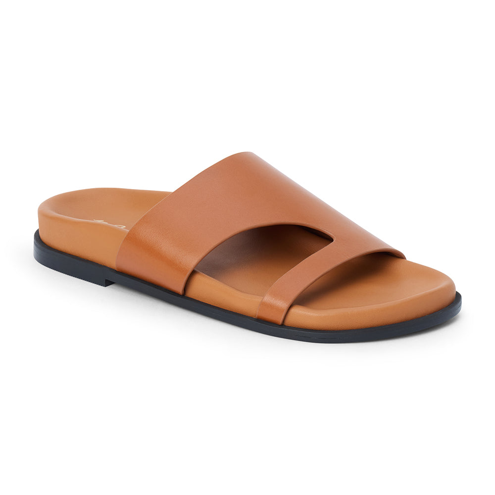 Brown leather slide sandal with wide strap and open toe shown on a white background.