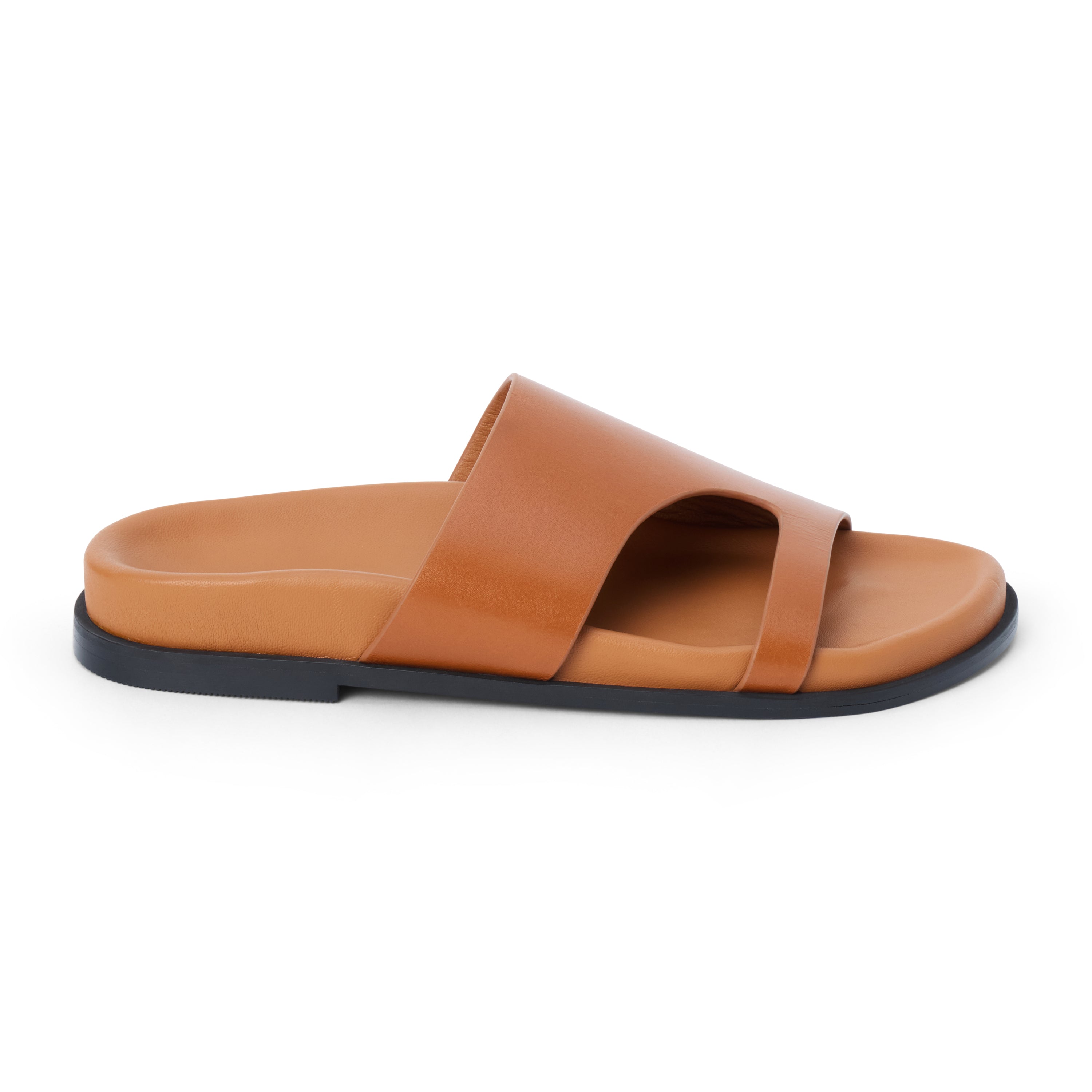 Brown leather slide sandal with wide strap and open toe shown on a white background.