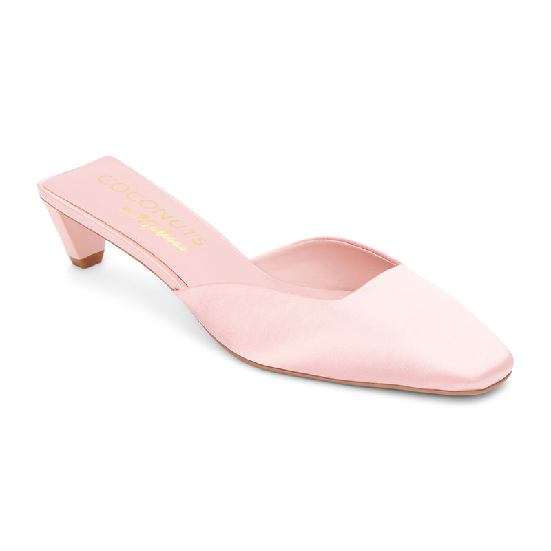 Tegan Heeled Mule - Matisse Footwear - Light pink satin mule heels with a pointed toe and sleek slip-on design. A sophisticated staple for effortless elegance and modern styling.