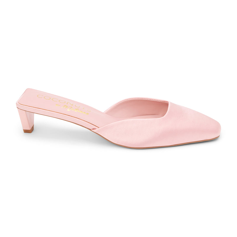Tegan Heeled Mule - Matisse Footwear - Light pink satin mule heels with a pointed toe and sleek slip-on design. A sophisticated staple for effortless elegance and modern styling.