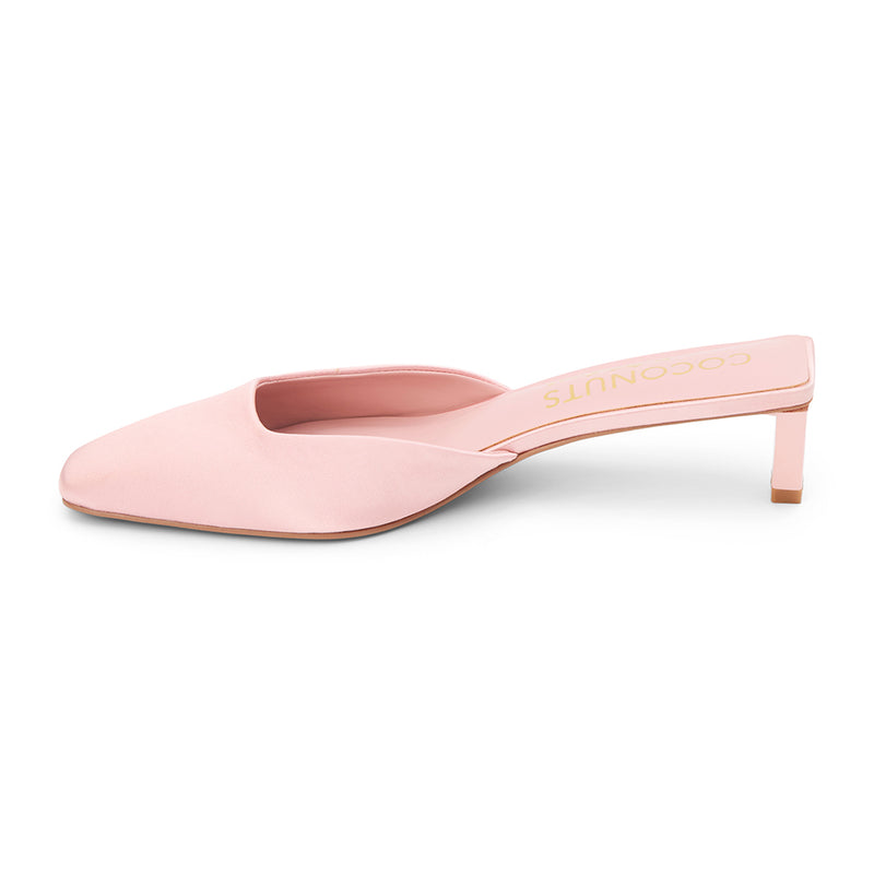 Tegan Heeled Mule - Matisse Footwear - Light pink satin mule heels with a pointed toe and sleek slip-on design. A sophisticated staple for effortless elegance and modern styling.