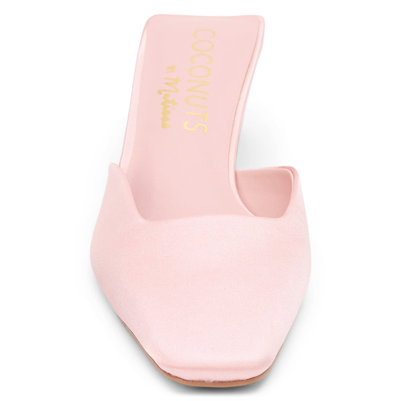Tegan Heeled Mule - Matisse Footwear - Light pink satin mule heels with a pointed toe and sleek slip-on design. A sophisticated staple for effortless elegance and modern styling.