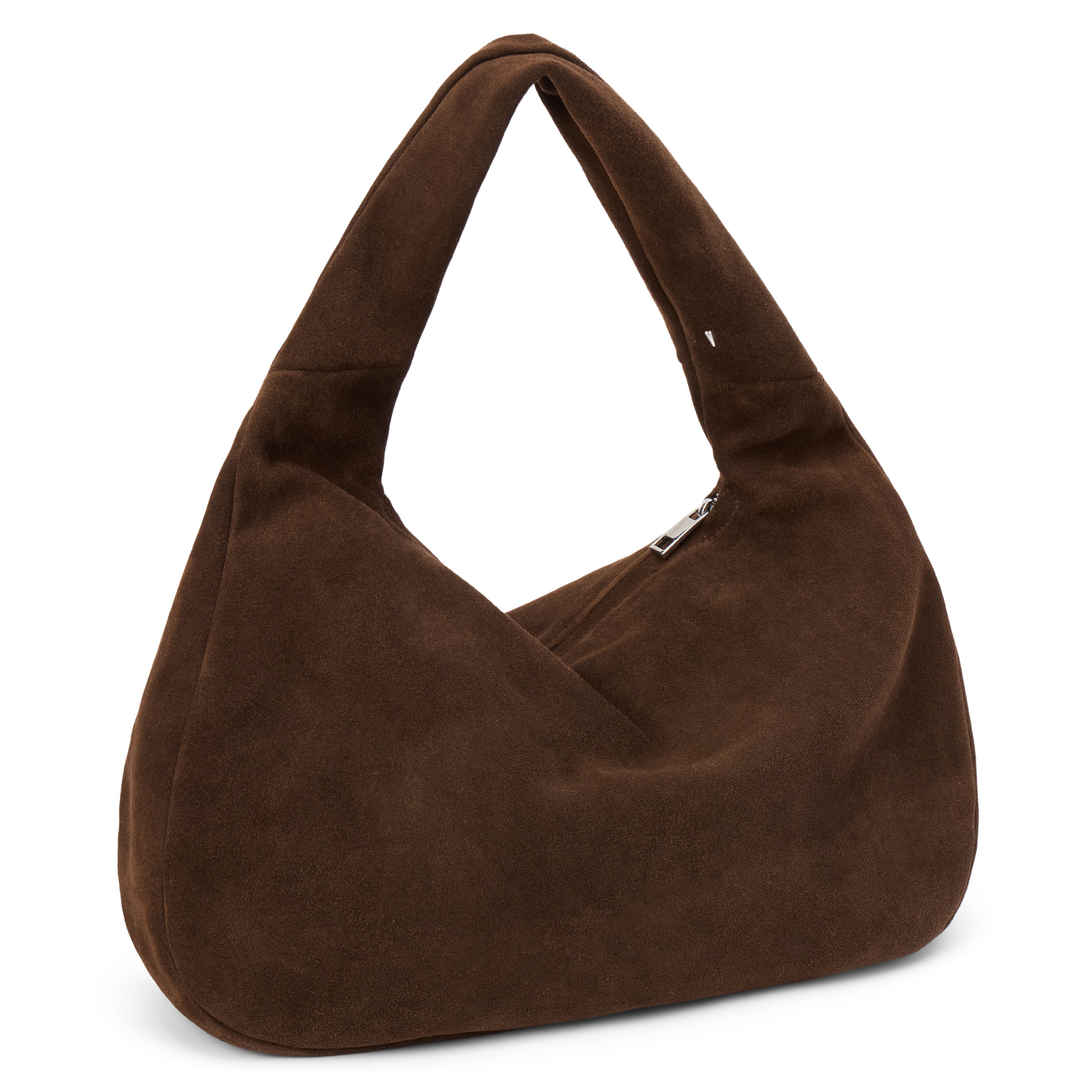 Toronto Shoulder Bag – Matisse – Slouchy dark brown suede shoulder bag with wide strap and curved silhouette.