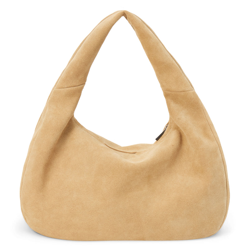 Toronto Shoulder Bag – Matisse – Slouchy camel suede shoulder bag with wide strap and curved silhouette.