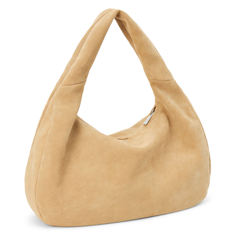 Toronto Shoulder Bag – Matisse – Slouchy camel suede shoulder bag with wide strap and curved silhouette.