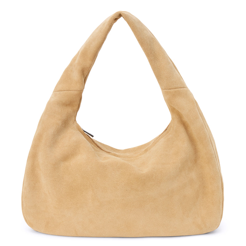 Toronto Shoulder Bag – Matisse – Slouchy camel suede shoulder bag with wide strap and curved silhouette.