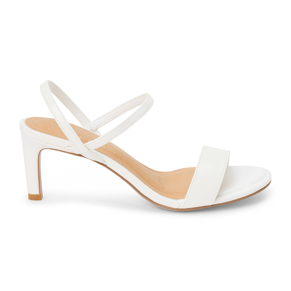 White strappy sandal with a slim heel and open toe, shown on a white background.