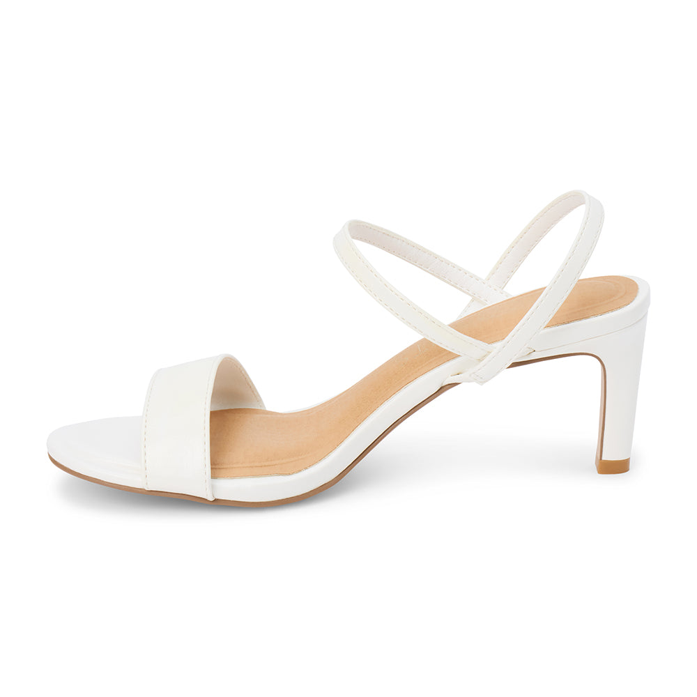 White strappy sandal with a slim heel and open toe, shown on a white background.