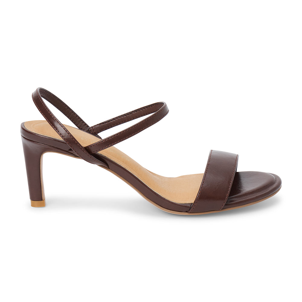 Dark brown strappy sandal with a slim heel and open toe, shown on a white background.