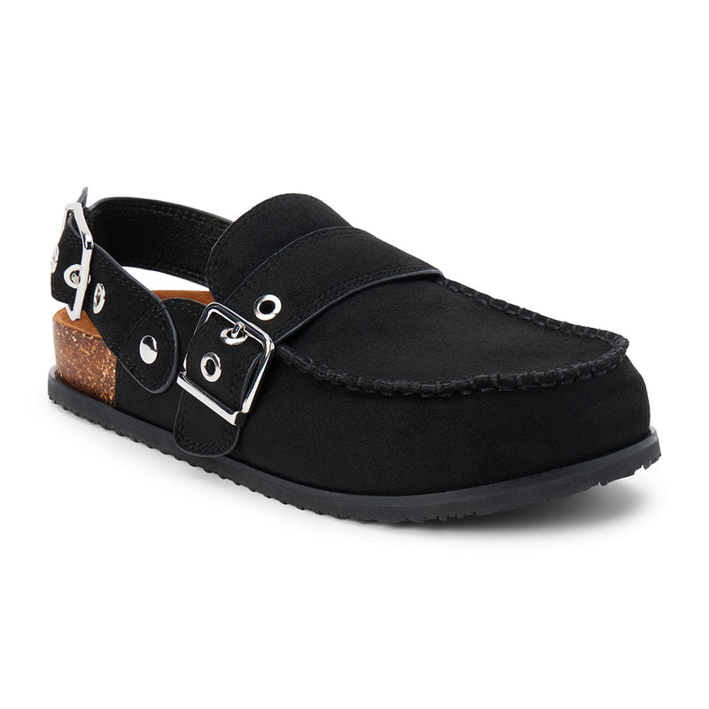 Tyler Vegan Slingback Clog – Coconuts by Matisse – Black faux suede moc-toe clog with double buckles and faux cork footbed.