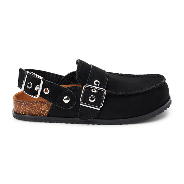 Tyler Vegan Slingback Clog – Coconuts by Matisse – Black faux suede moc-toe clog with double buckles and faux cork footbed.