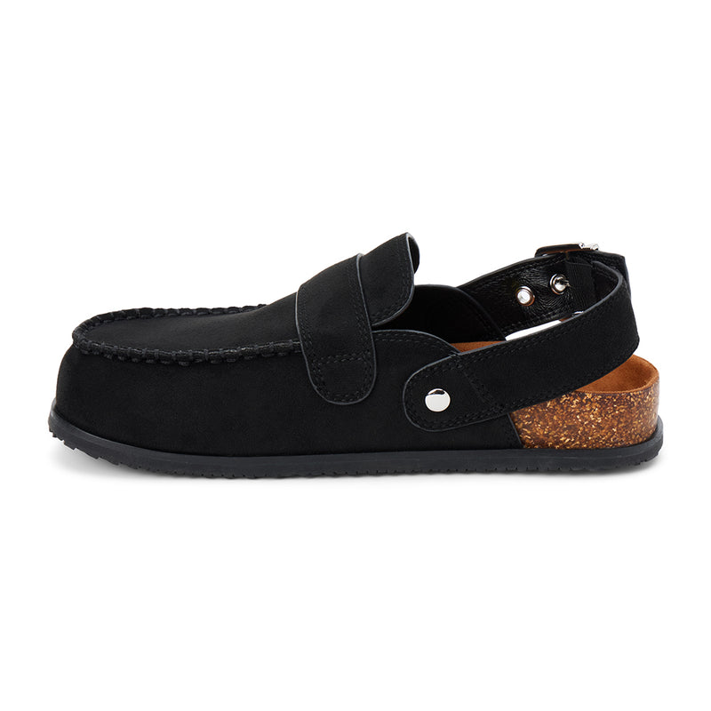 Tyler Vegan Slingback Clog – Coconuts by Matisse – Black faux suede moc-toe clog with double buckles and faux cork footbed.