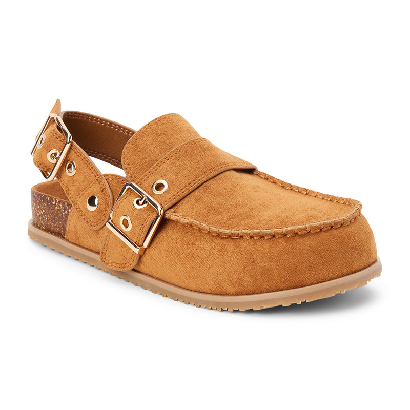 Tyler Vegan Slingback Clog – Coconuts by Matisse – Tan faux suede moc-toe clog with double buckles and faux cork footbed.