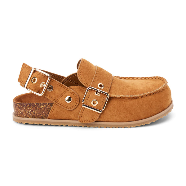 Tyler Vegan Slingback Clog – Coconuts by Matisse – Tan faux suede moc-toe clog with double buckles and faux cork footbed.