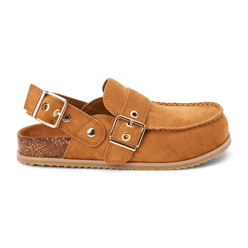 Tyler Vegan Slingback Clog – Coconuts by Matisse – Tan faux suede moc-toe clog with double buckles and faux cork footbed.