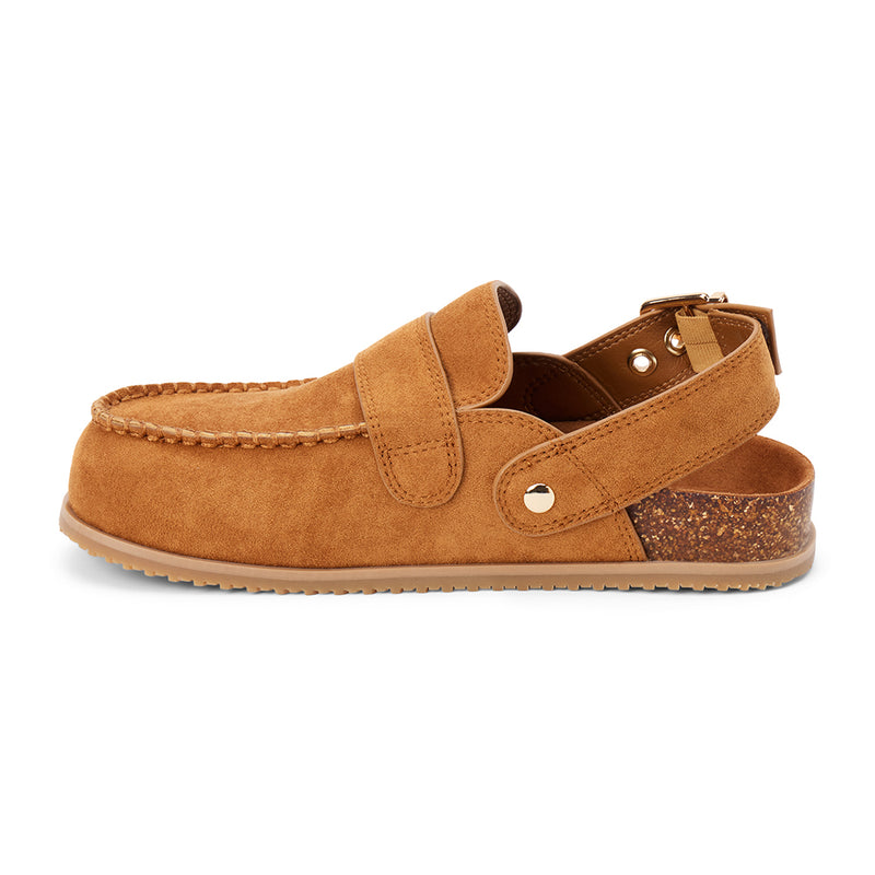 Tyler Vegan Slingback Clog – Coconuts by Matisse – Tan faux suede moc-toe clog with double buckles and faux cork footbed.