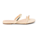Beige raffia flat sandal with slim straps and gold-tone hardware, shown on a white background.