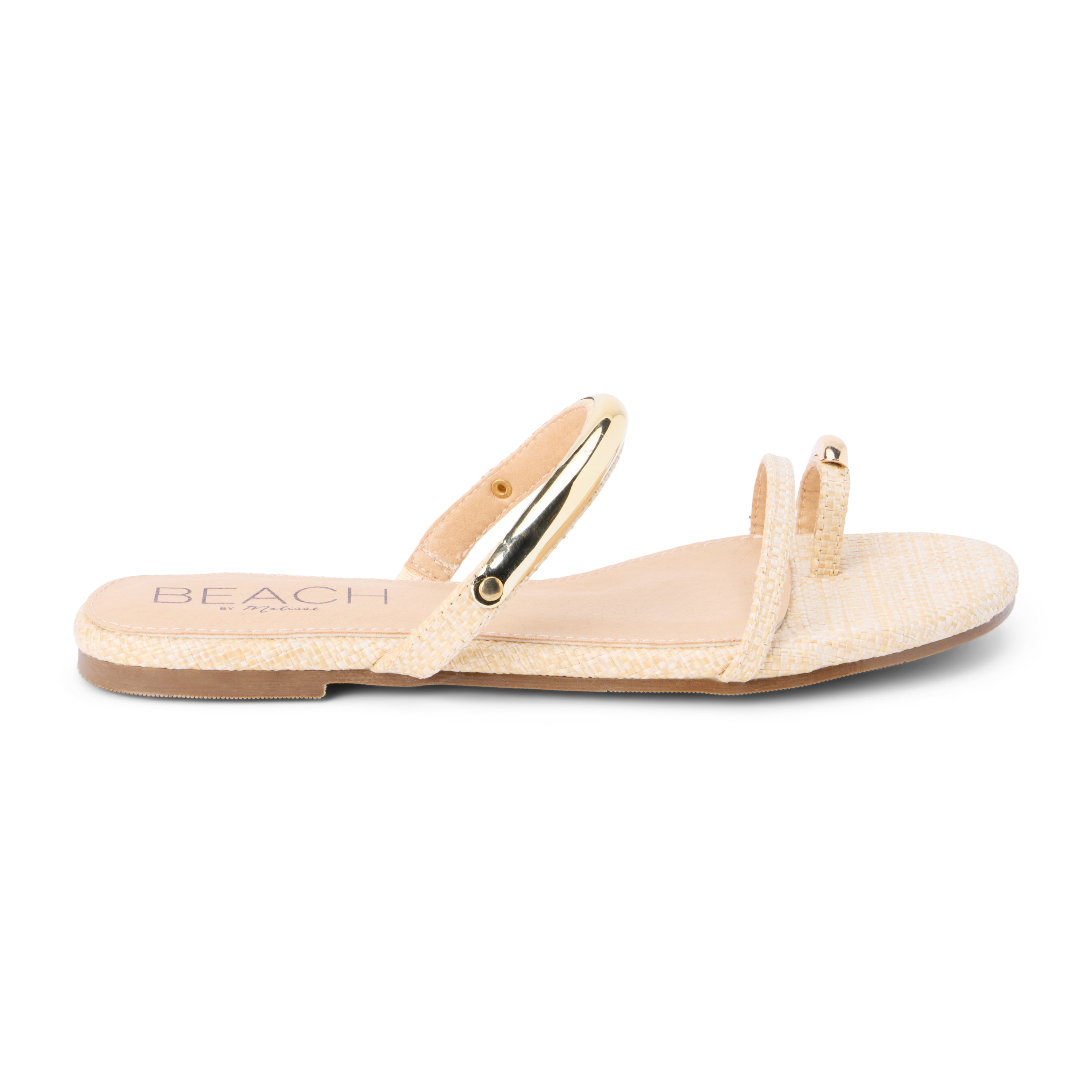 Beige raffia flat sandal with slim straps and gold-tone hardware, shown on a white background.