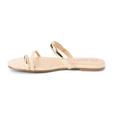 Beige raffia flat sandal with slim straps and gold-tone hardware, shown on a white background.