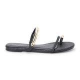 Black raffia flat sandal with slim straps and gold-tone hardware, shown on a white background.