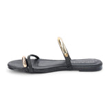Black raffia flat sandal with slim straps and gold-tone hardware, shown on a white background.