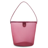 A red mesh bucket bag with leather trim, a single shoulder strap, and snap closure shown on a white background.