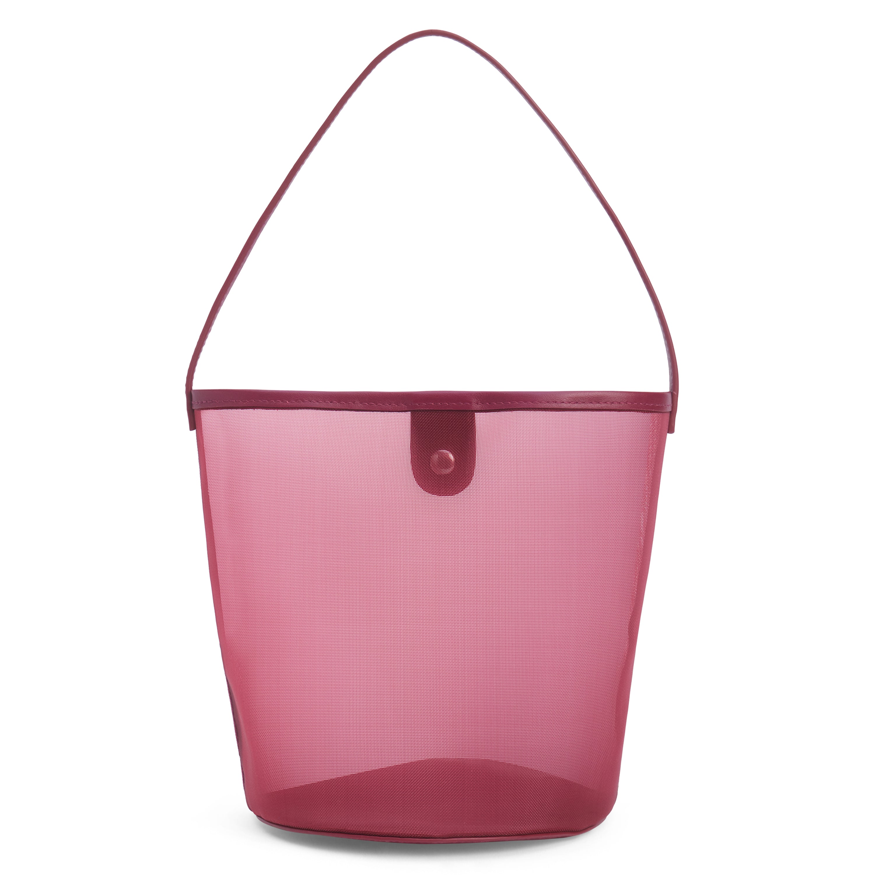 A red mesh bucket bag with leather trim, a single shoulder strap, and snap closure shown on a white background.