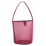 A red mesh bucket bag with leather trim, a single shoulder strap, and snap closure shown on a white background.