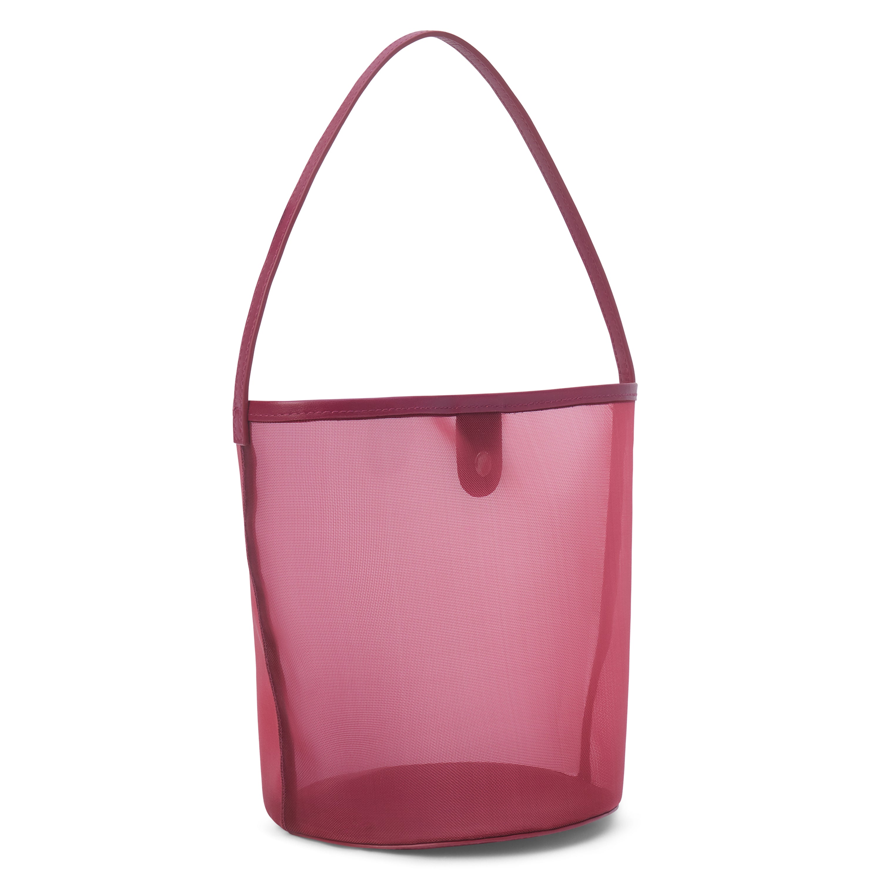A red mesh bucket bag with leather trim, a single shoulder strap, and snap closure shown on a white background.