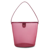 A red mesh bucket bag with leather trim, a single shoulder strap, and snap closure shown on a white background.