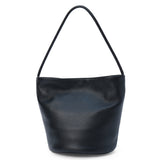 A black pebbled leather bucket bag with a single shoulder strap and soft structure shown on a white background.