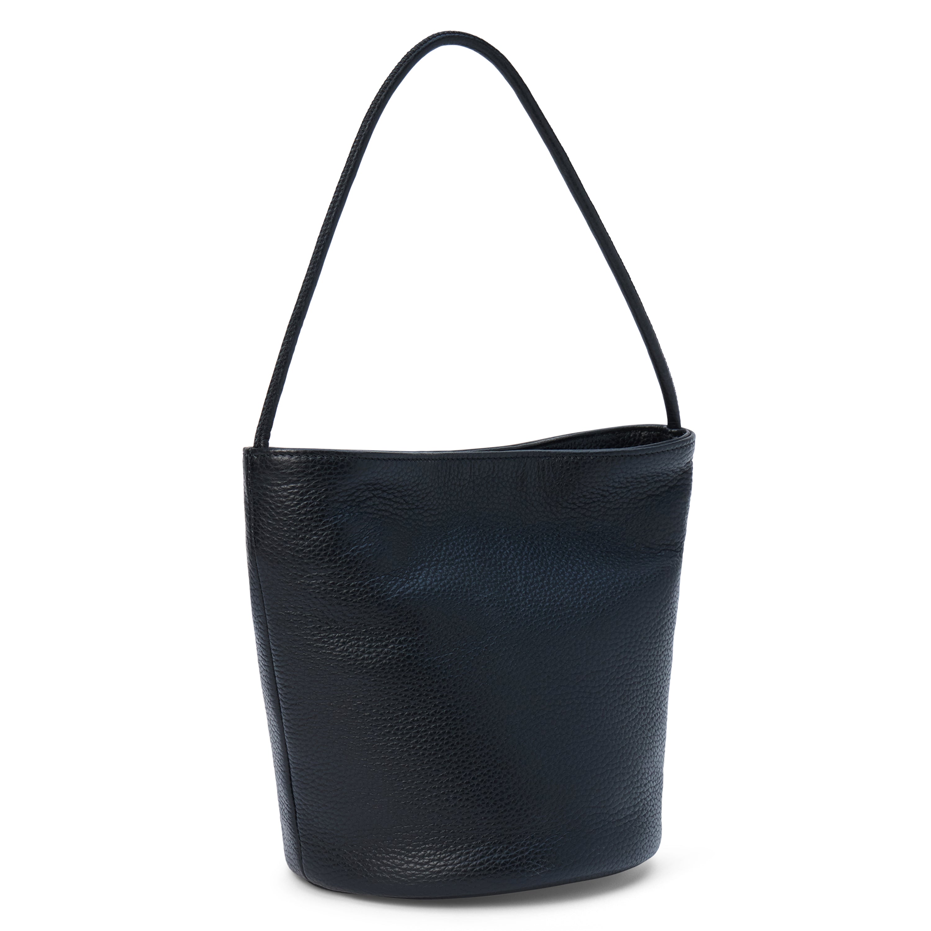 A black pebbled leather bucket bag with a single shoulder strap and soft structure shown on a white background.