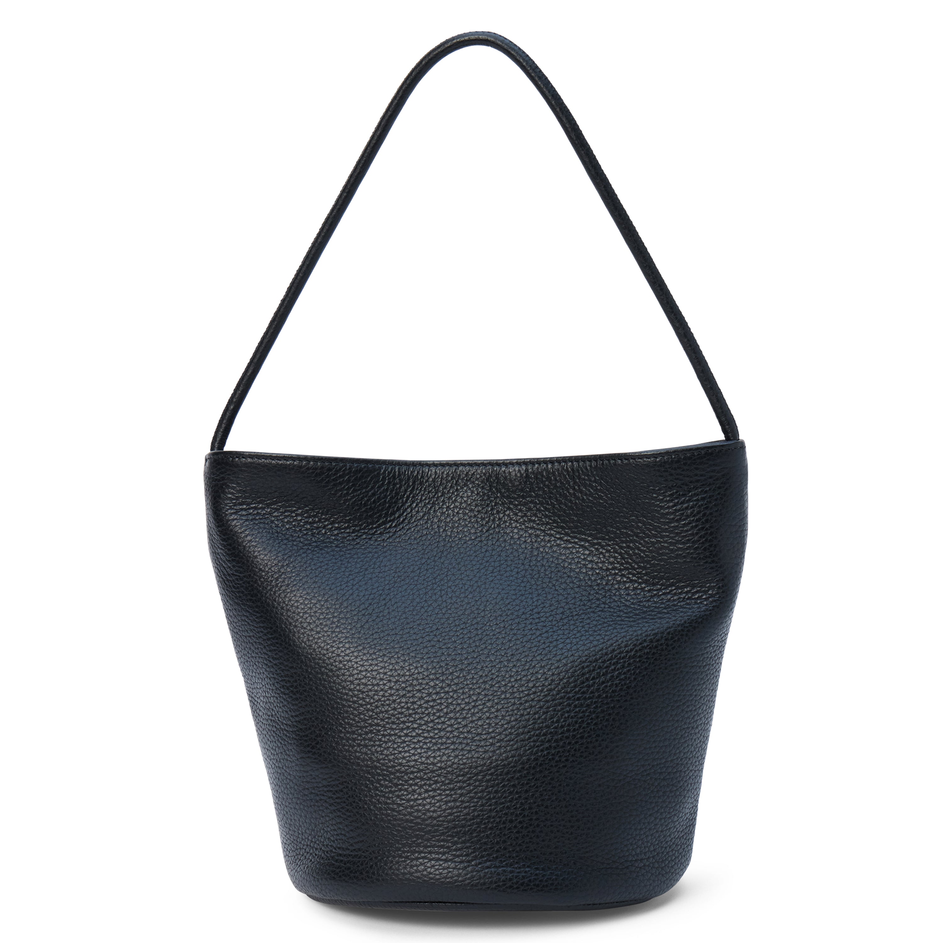A black pebbled leather bucket bag with a single shoulder strap and soft structure shown on a white background.