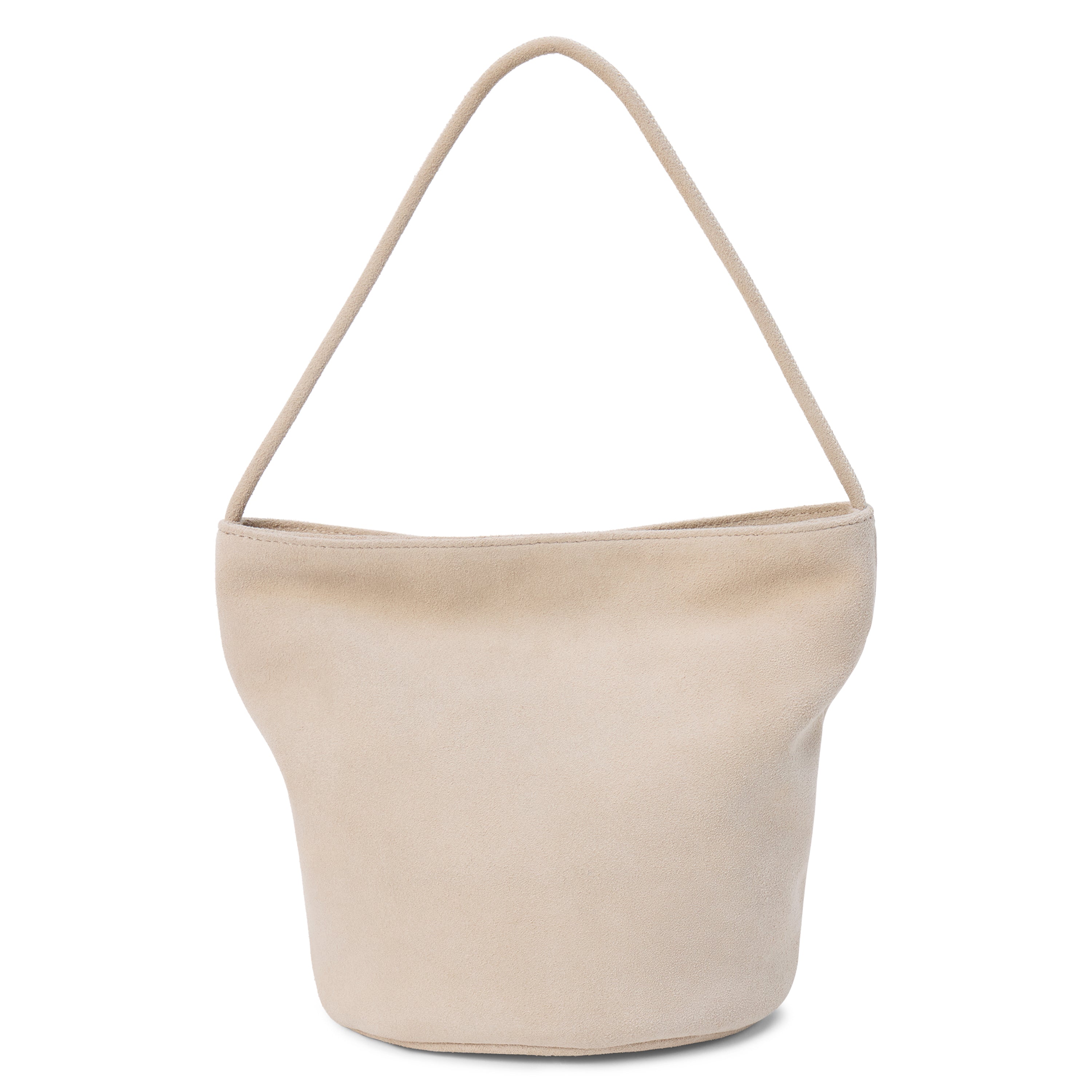 A beige suede bucket bag with a single shoulder strap and relaxed silhouette shown on a white background.
