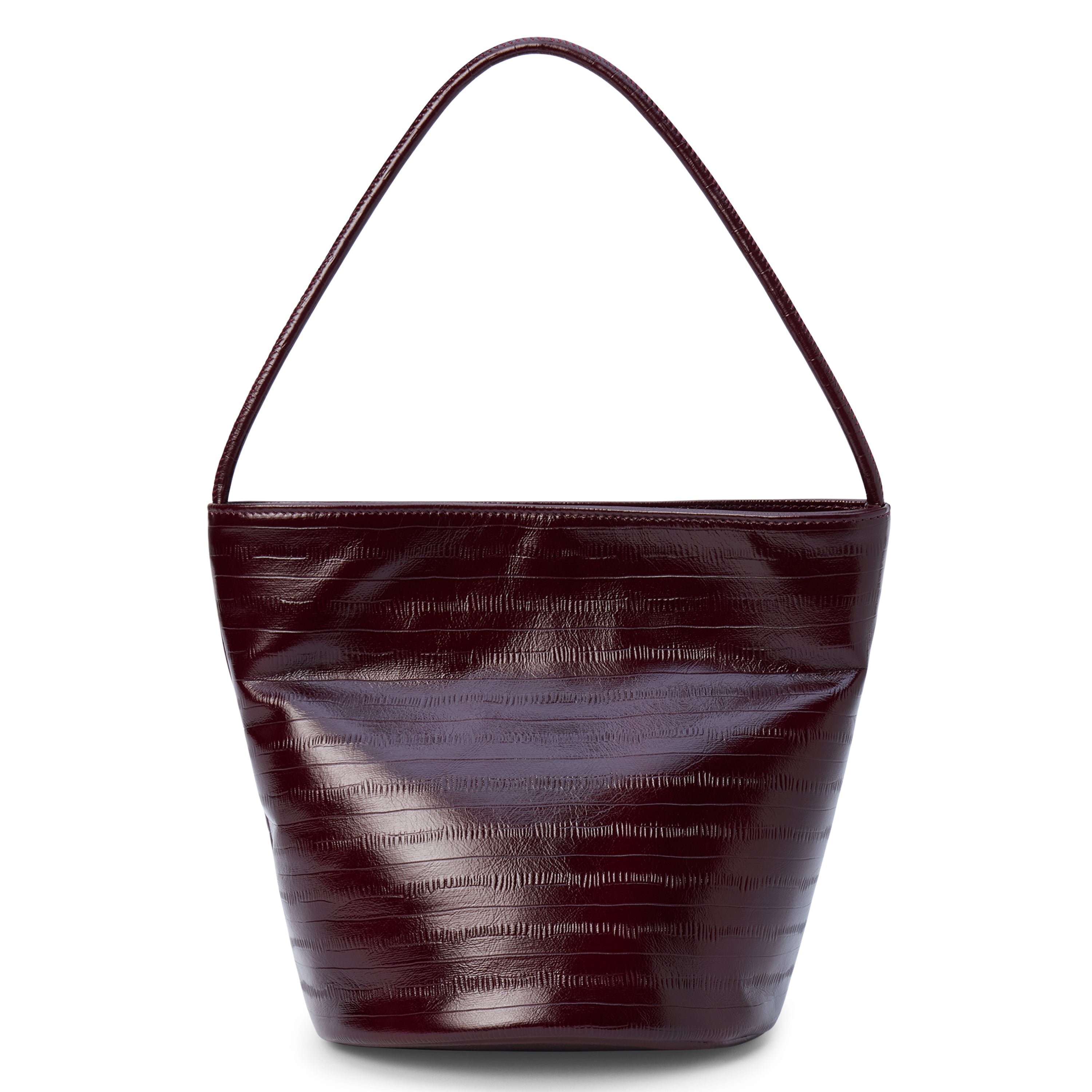 A burgundy textured leather bucket bag with a single shoulder strap and structured shape shown on a white background.