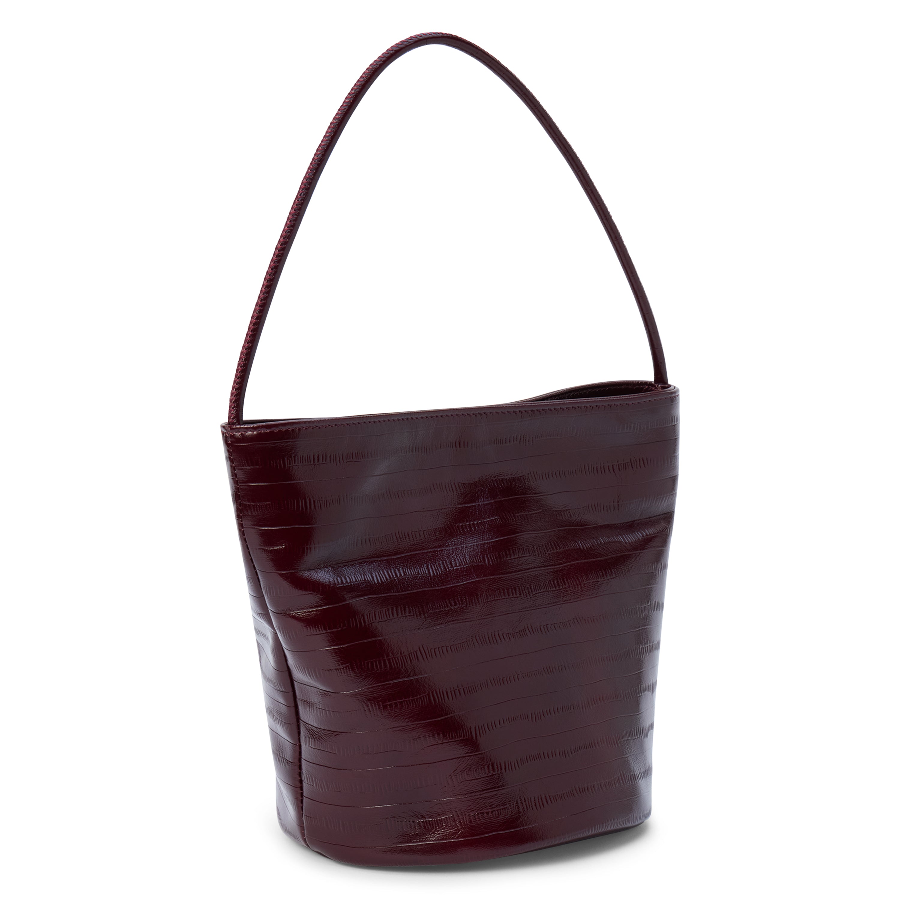A burgundy textured leather bucket bag with a single shoulder strap and structured shape shown on a white background.