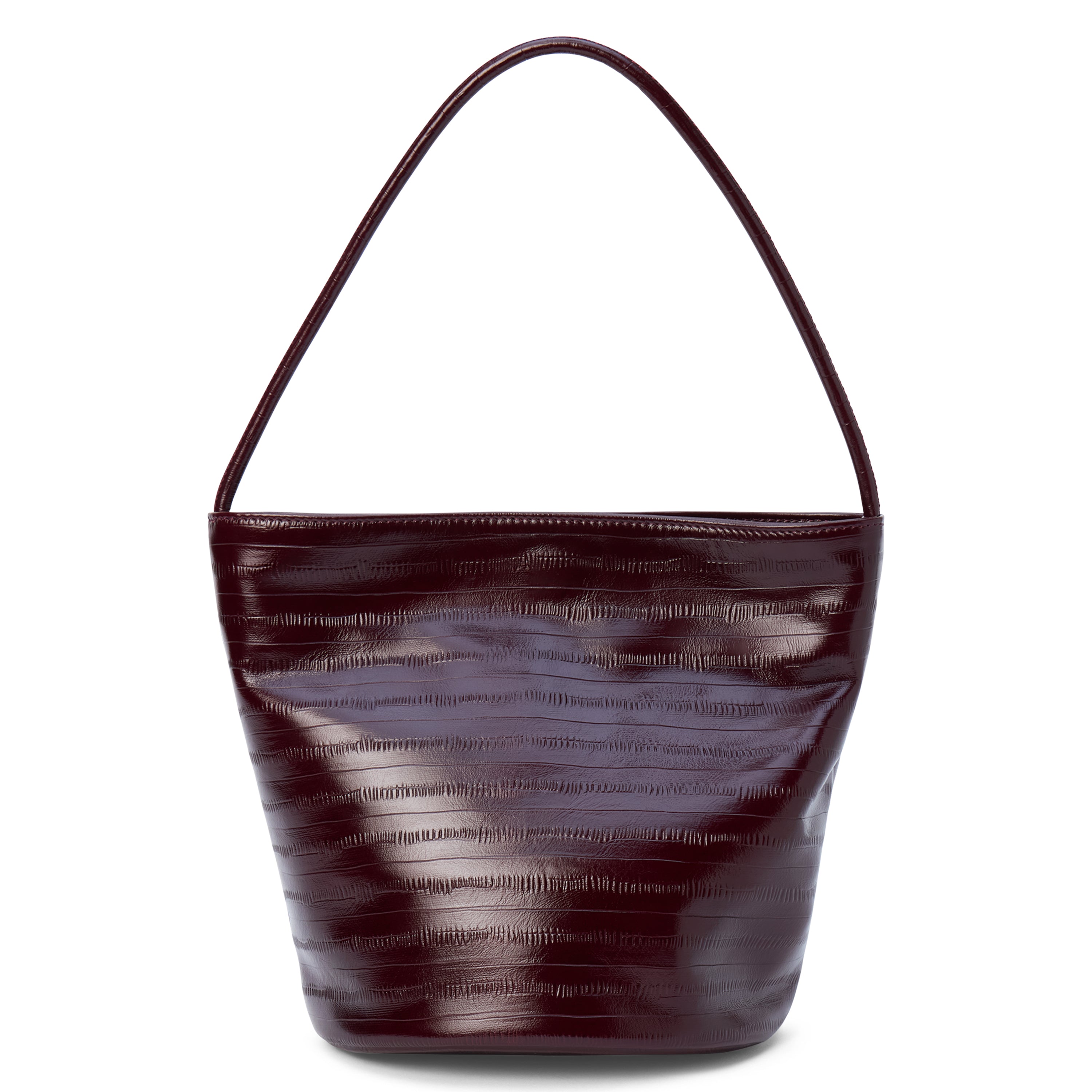 A burgundy textured leather bucket bag with a single shoulder strap and structured shape shown on a white background.