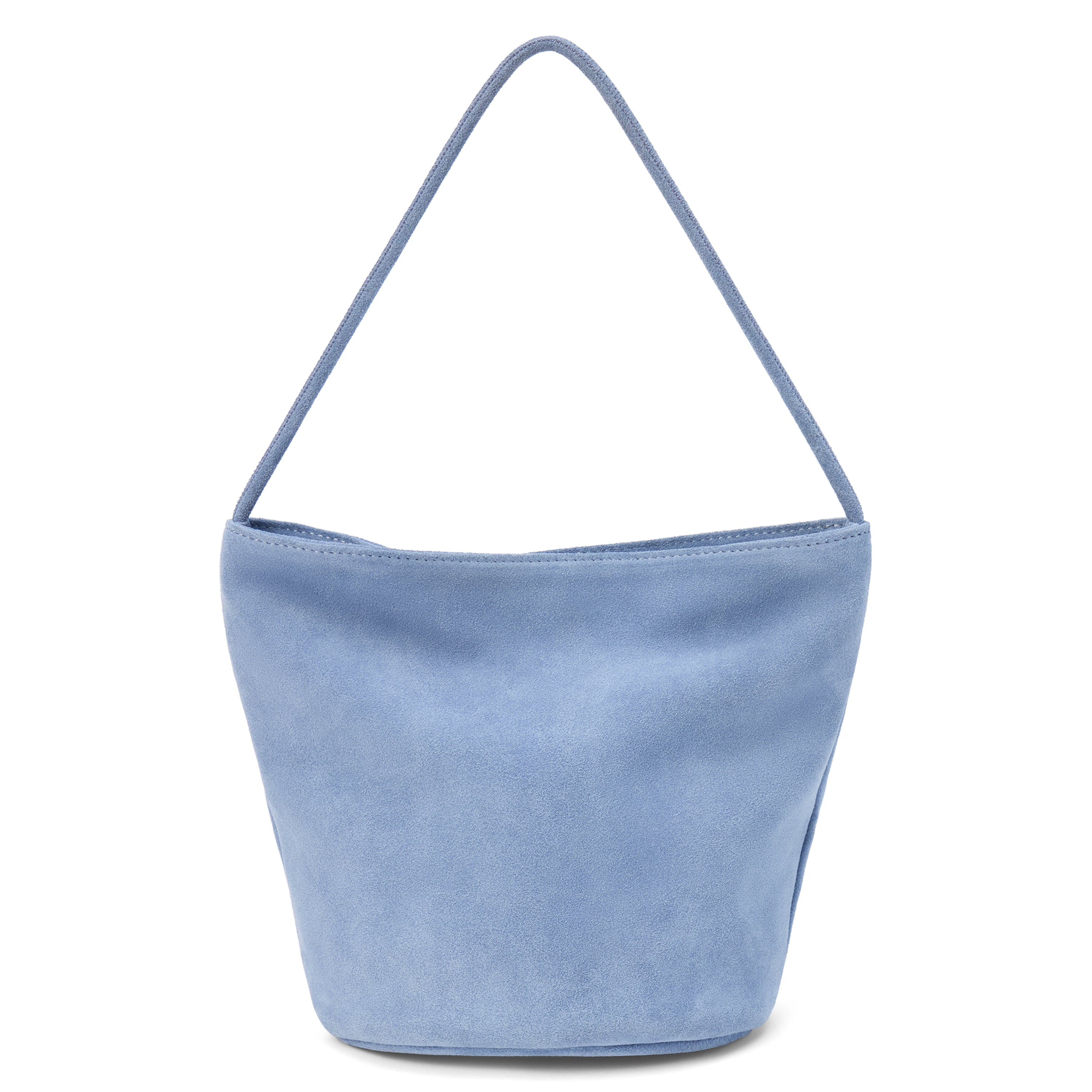 A blue suede bucket bag with a single shoulder strap and soft structure shown on a white background.