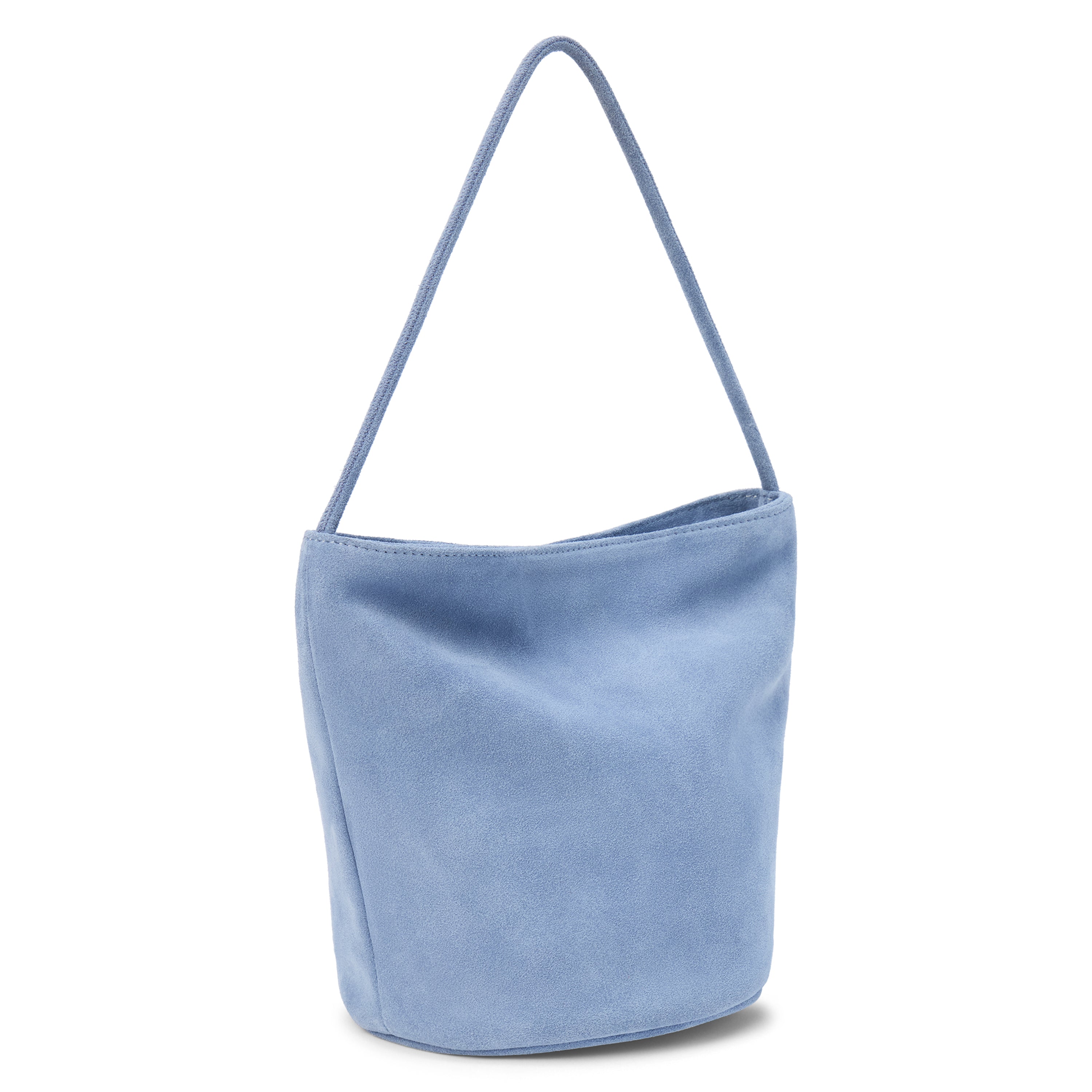A blue suede bucket bag with a single shoulder strap and soft structure shown on a white background.