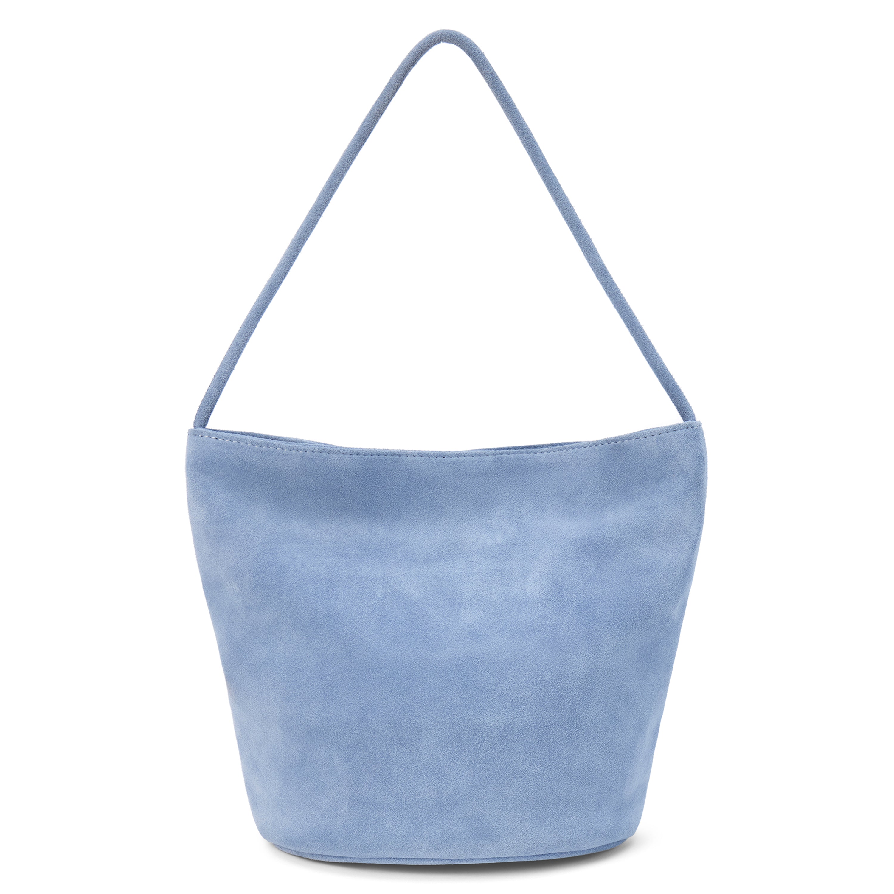 A blue suede bucket bag with a single shoulder strap and soft structure shown on a white background.