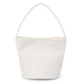 An ivory woven leather bucket bag with a single shoulder strap and structured silhouette shown on a white background.