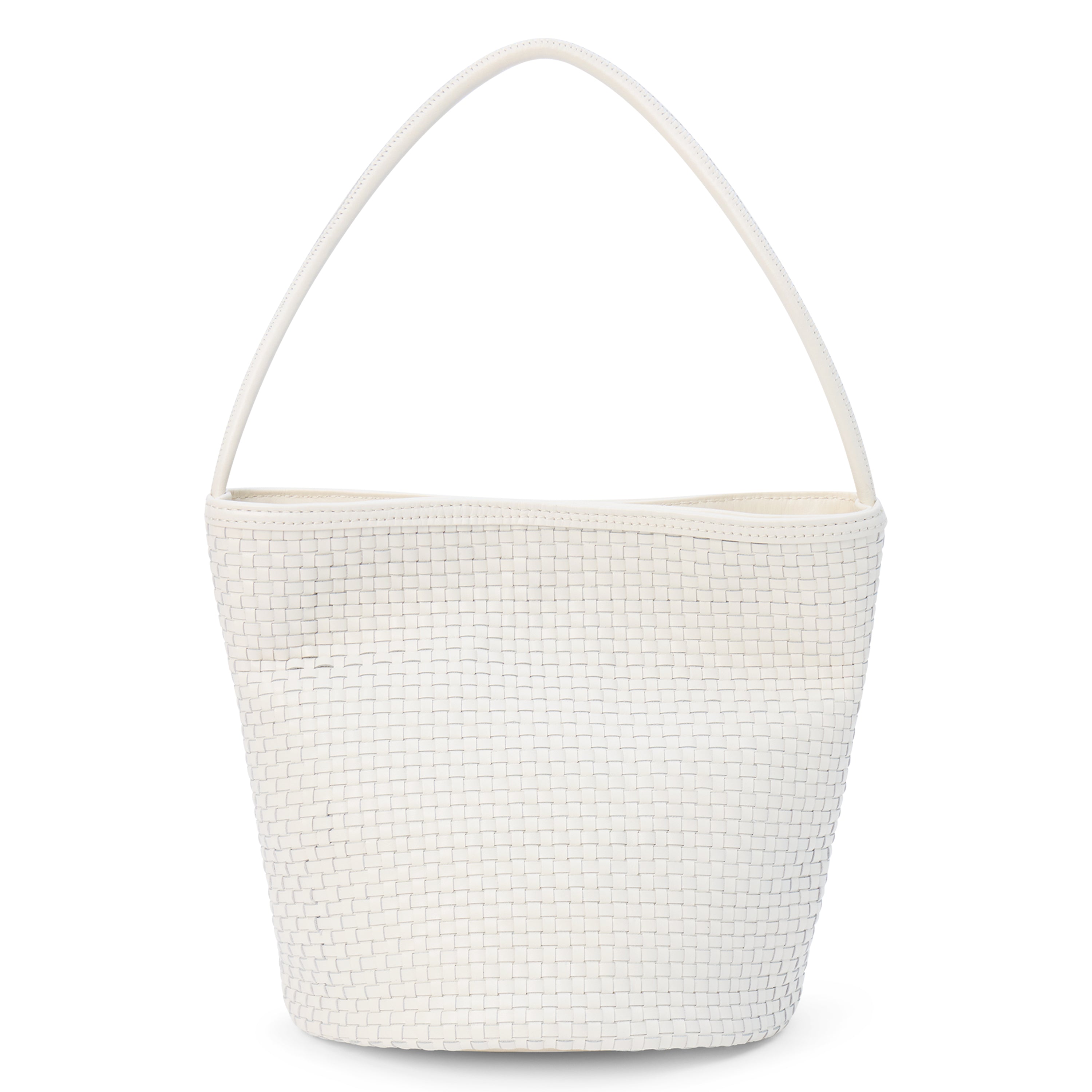 An ivory woven leather bucket bag with a single shoulder strap and structured silhouette shown on a white background.
