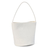 An ivory woven leather bucket bag with a single shoulder strap and structured silhouette shown on a white background.
