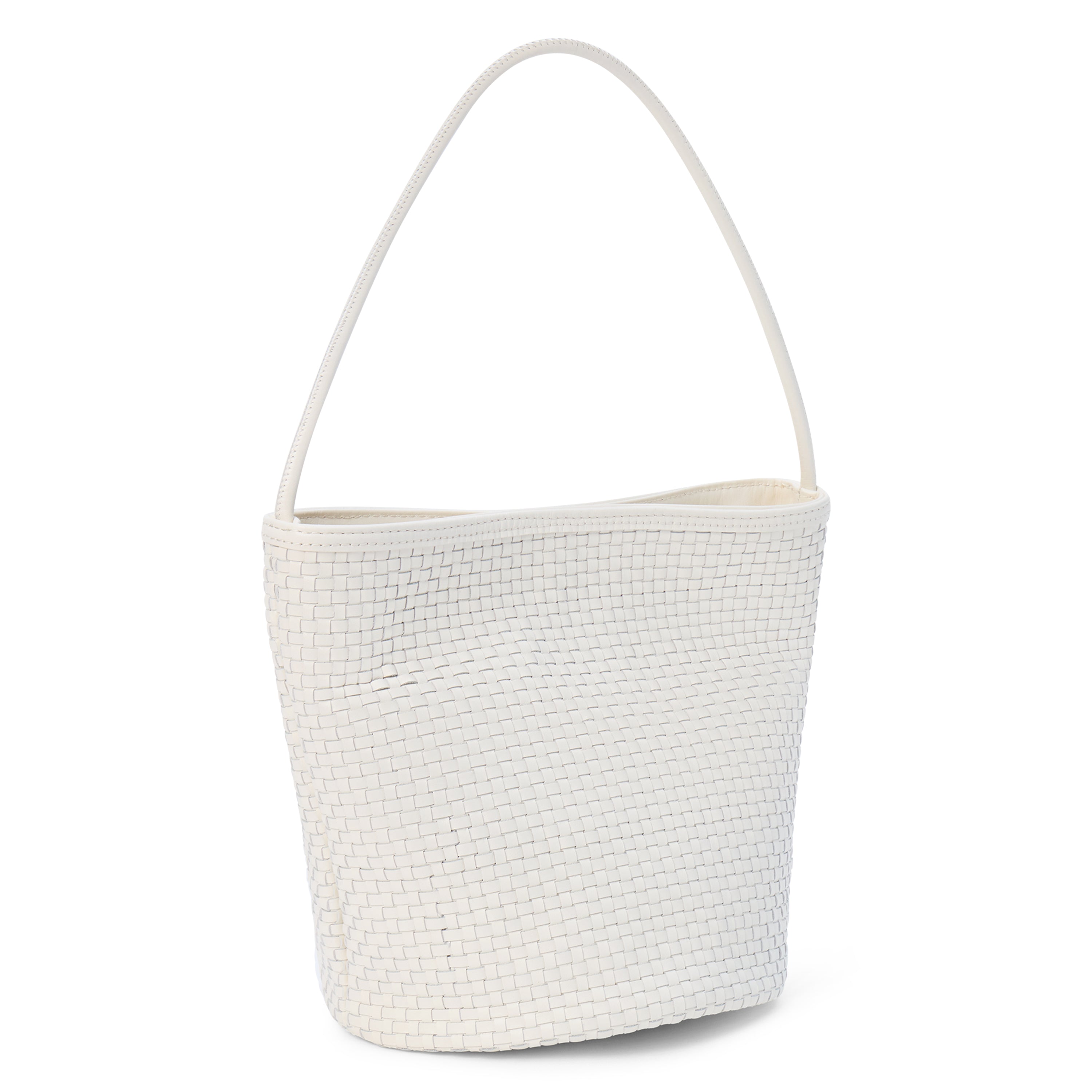 An ivory woven leather bucket bag with a single shoulder strap and structured silhouette shown on a white background.