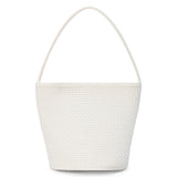 An ivory woven leather bucket bag with a single shoulder strap and structured silhouette shown on a white background.