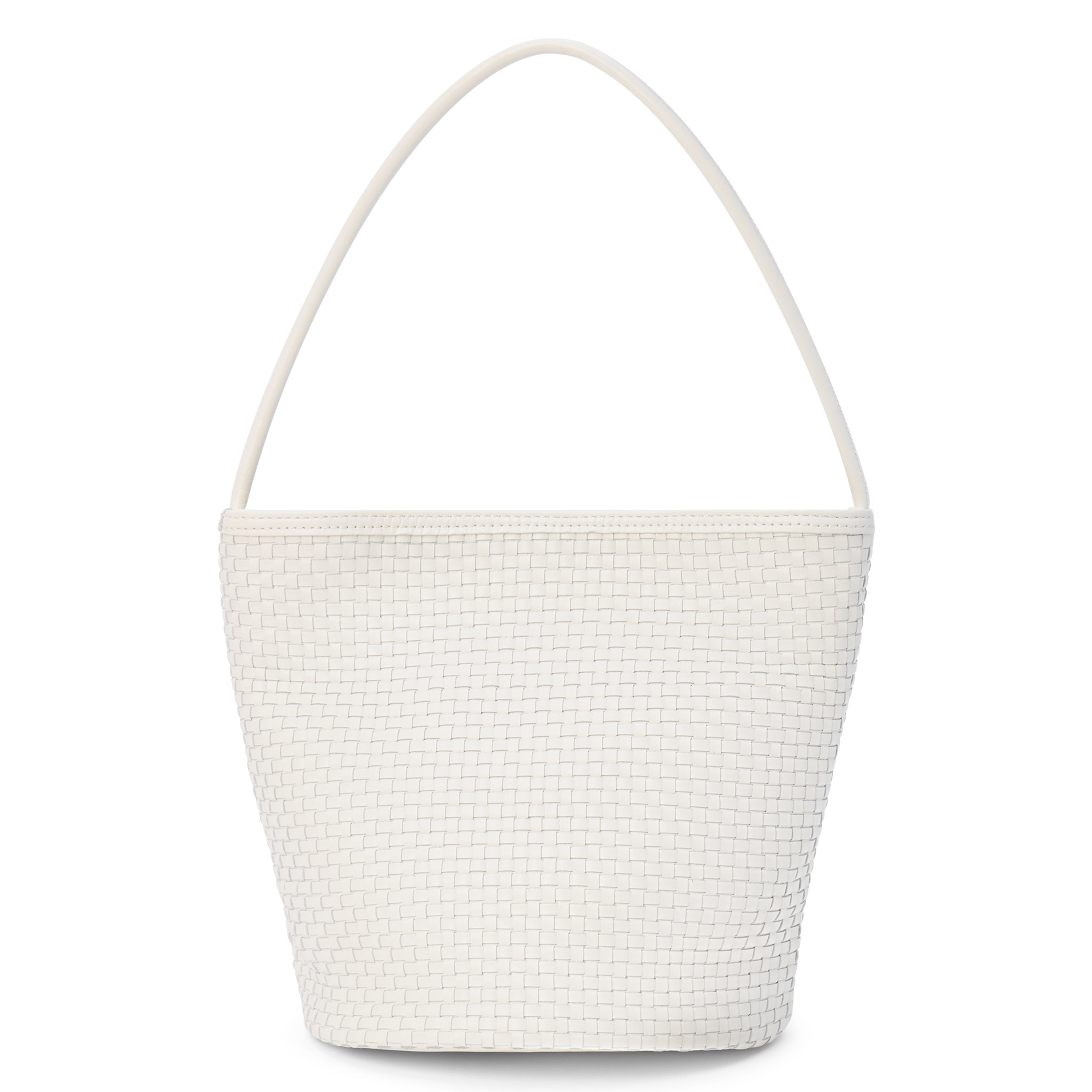An ivory woven leather bucket bag with a single shoulder strap and structured silhouette shown on a white background.